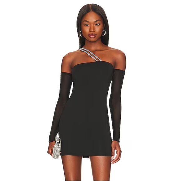 superdown Dresses & Skirts - Superdown Natalie Mini Dress Black rhinestone off shoulder cut out party Revolve